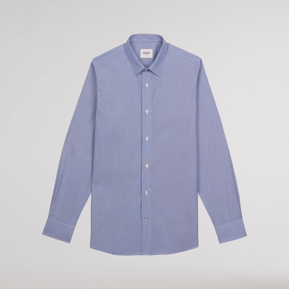 Two-ply poplin shirt with fine blue false-solid stripes