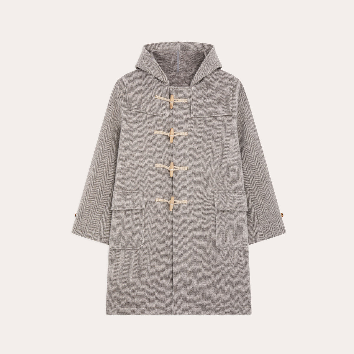 Ecru and beige herringbone wool duffle coat