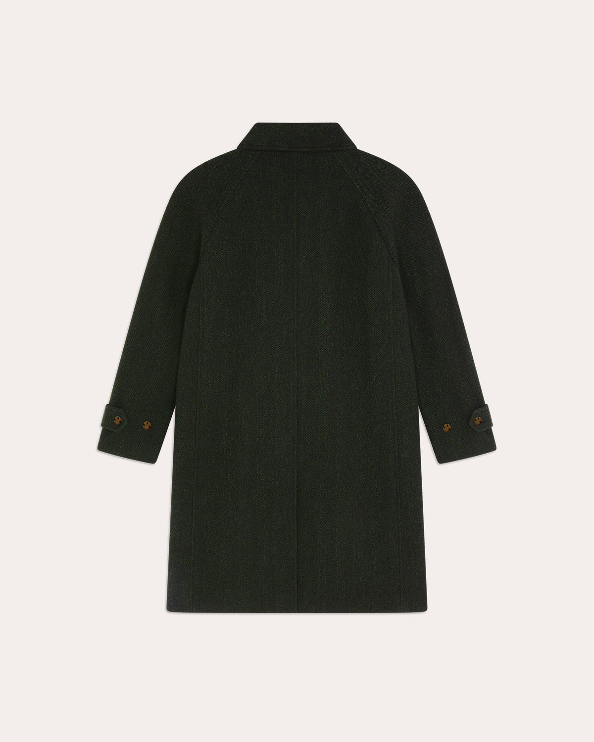 Balmacaan coat in green virgin wool herringbone