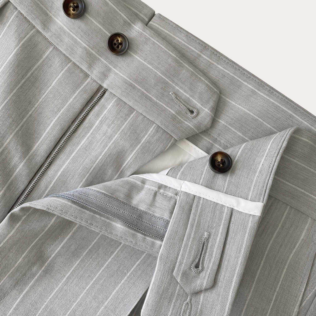 Striped pearl grey wool fresco pleated trousers