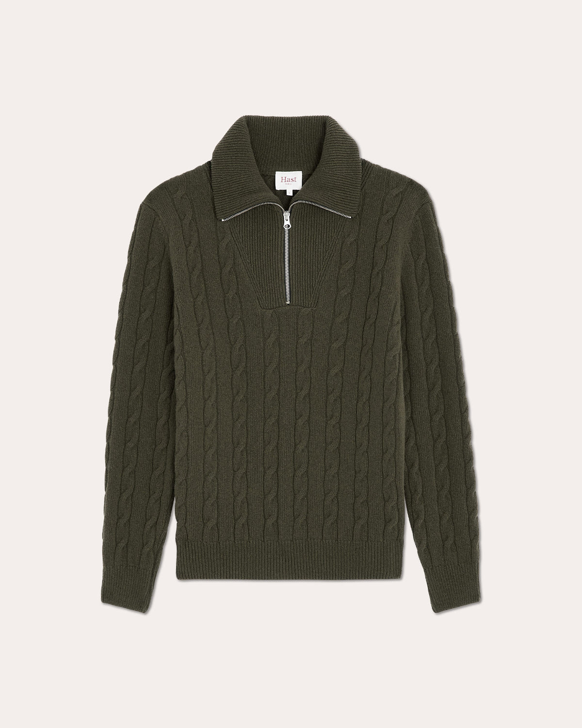 Khaki extrafine wool zip-neck jumper
