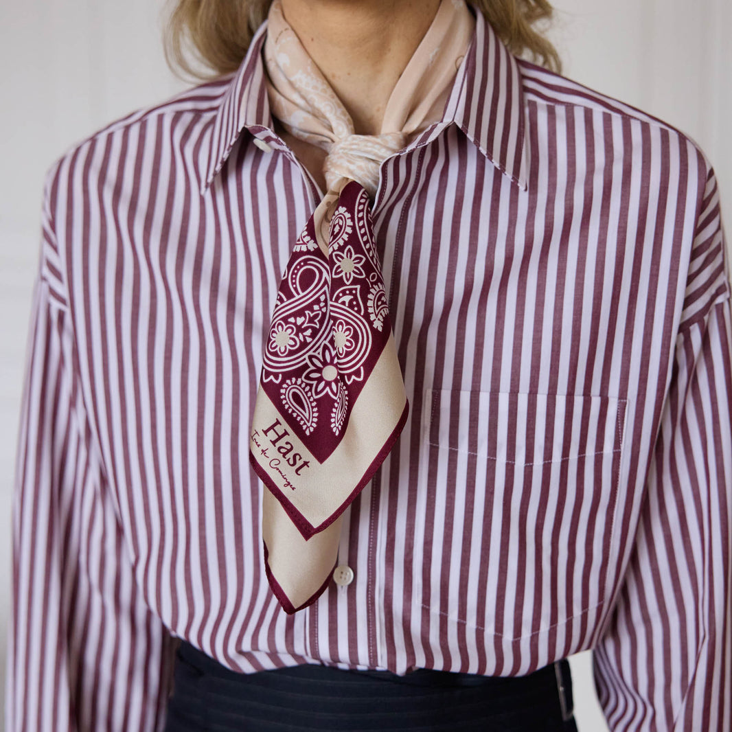 Ecru and burgundy patterned silk scarf
