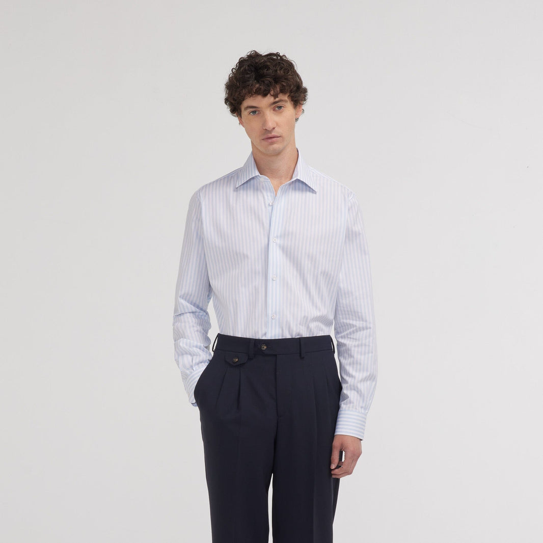 Chemise cintrée popeline double retors rayures bleu ciel et blanches