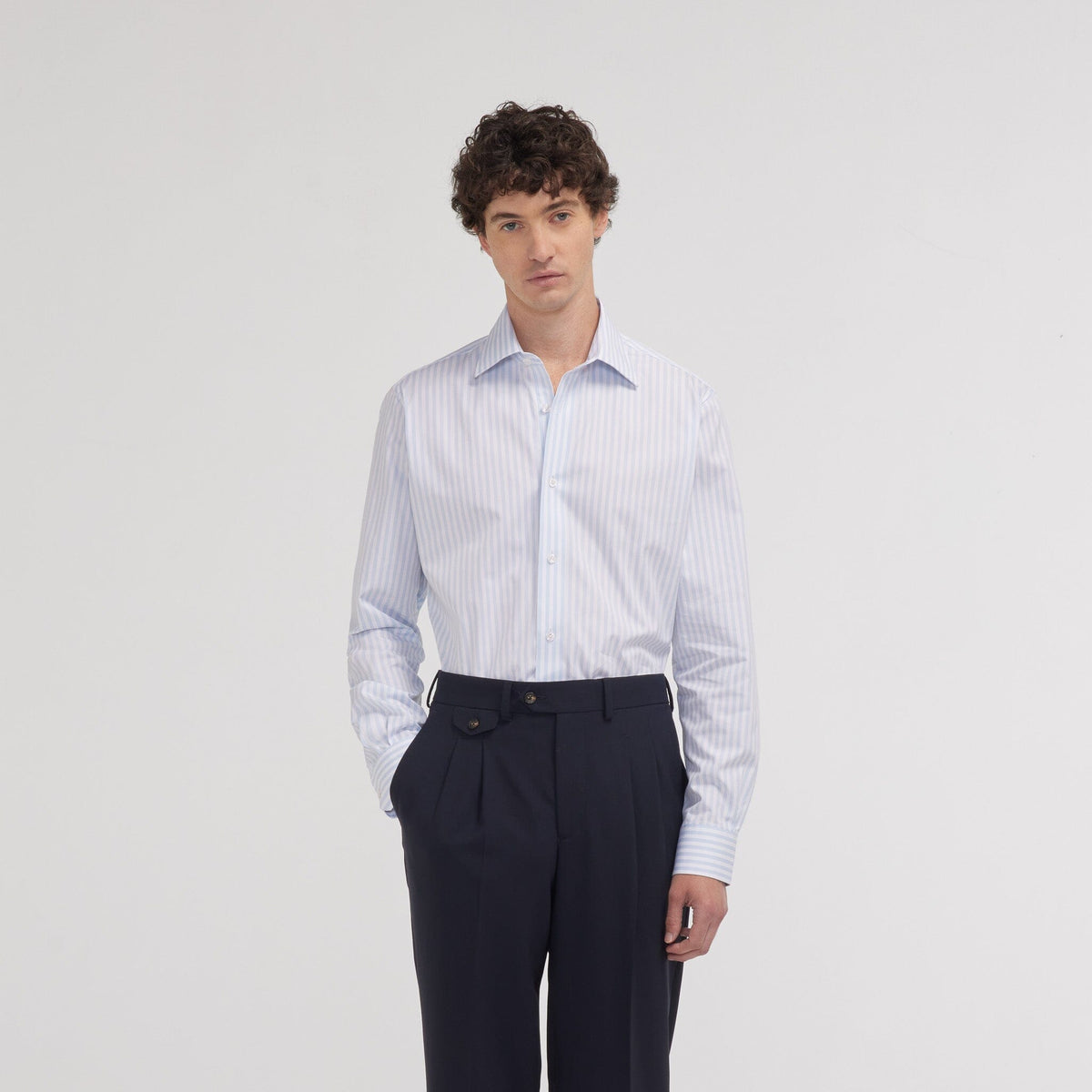 Chemise cintrée popeline double retors rayures bleu ciel et blanches