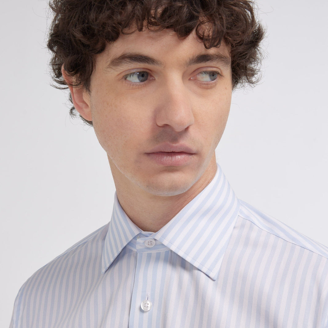 Chemise cintrée popeline double retors rayures bleu ciel et blanches