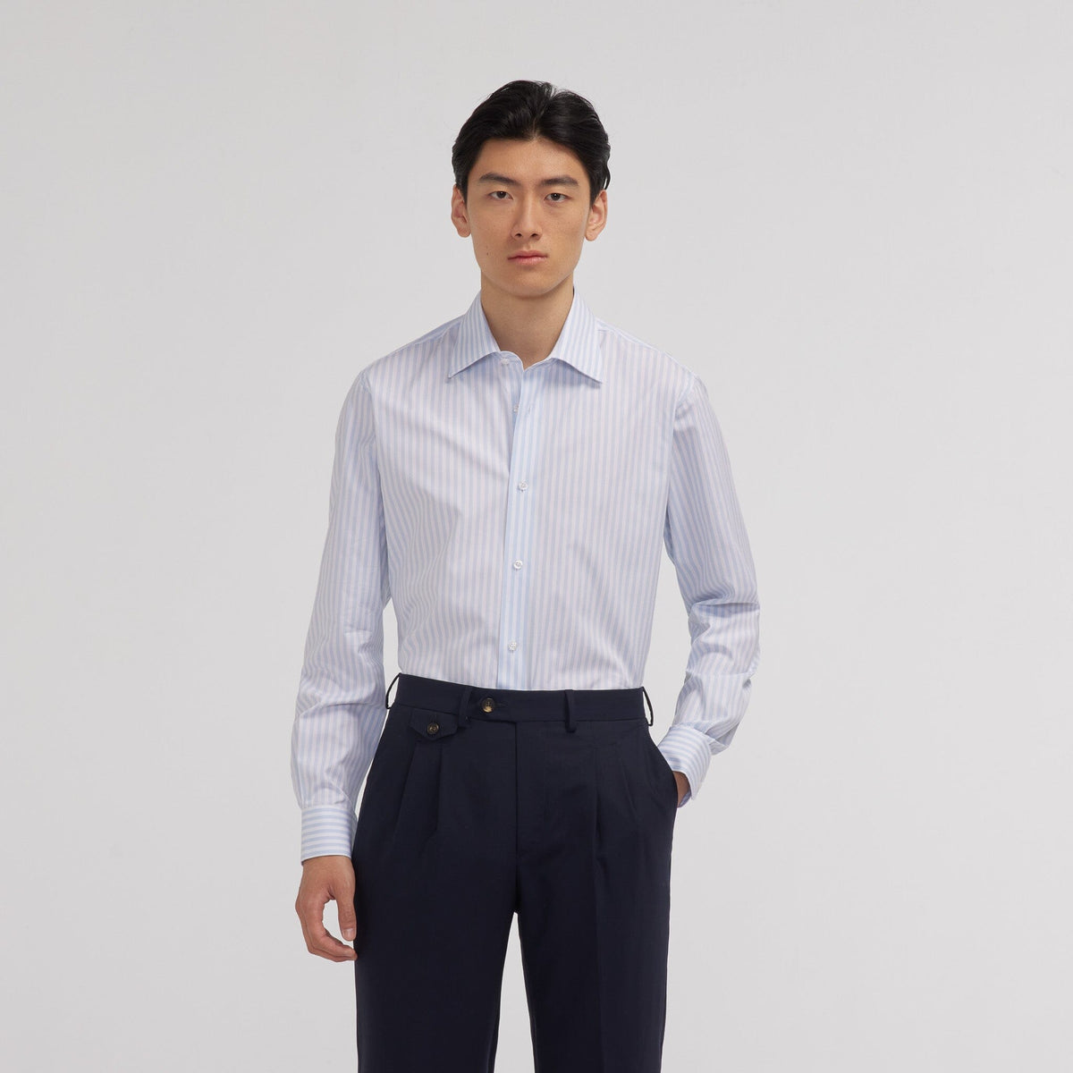 Chemise en popeline double retors à rayures bleu ciel et blanches