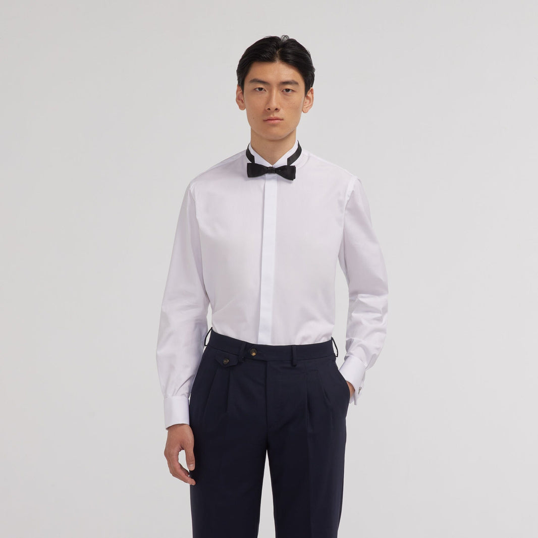 Chemise en popeline double retors blanche à poignets mousquetaires