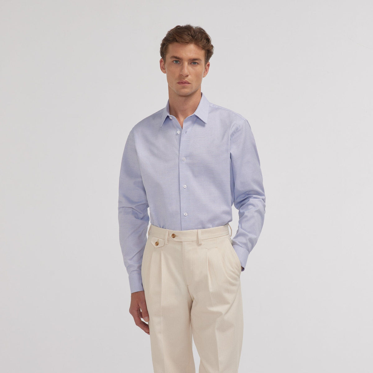 Hemd aus zweifach gezwirntem blauem Royal Oxford mit Hahnentrittmuster