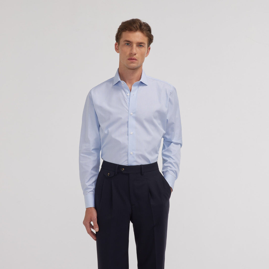 Chemise en popeline double retors à petites rayures bleu ciel