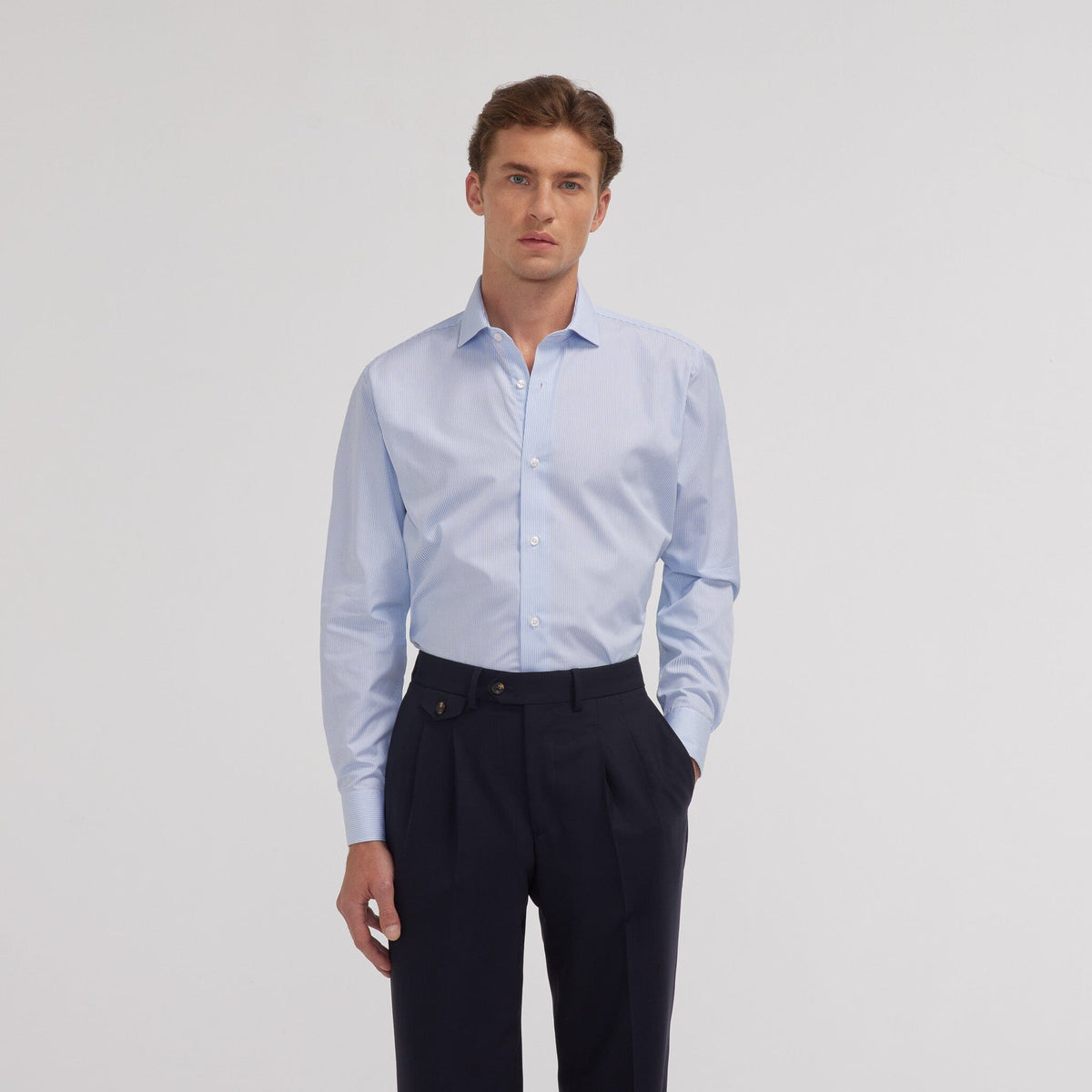 Sky blue two-ply poplin shirt with fine stripes