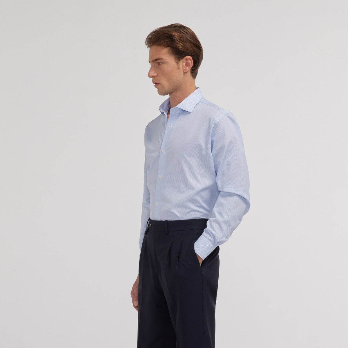 Sky blue two-ply poplin shirt with fine stripes