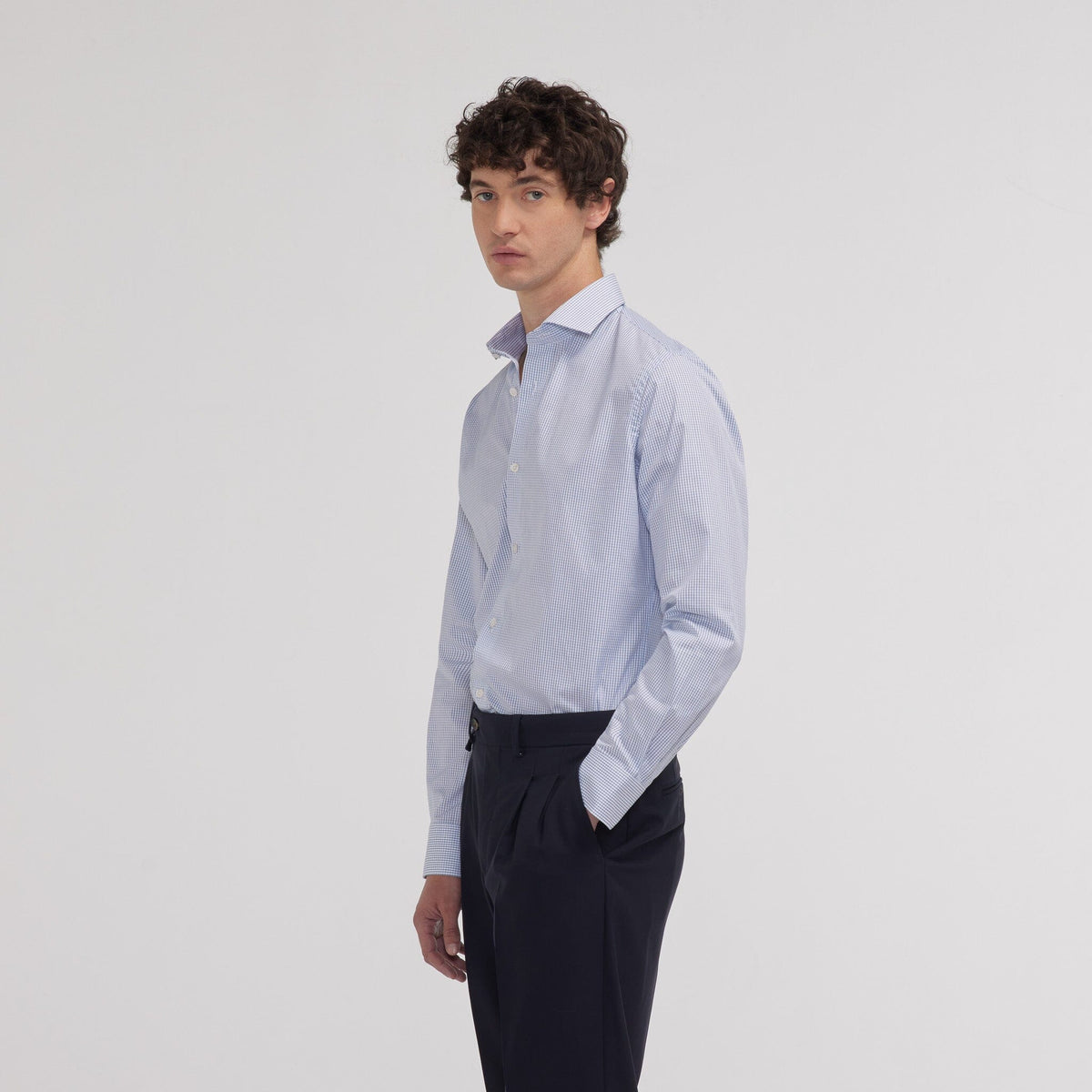 Chemise cintrée popeline double retors carreaux bleu foncé