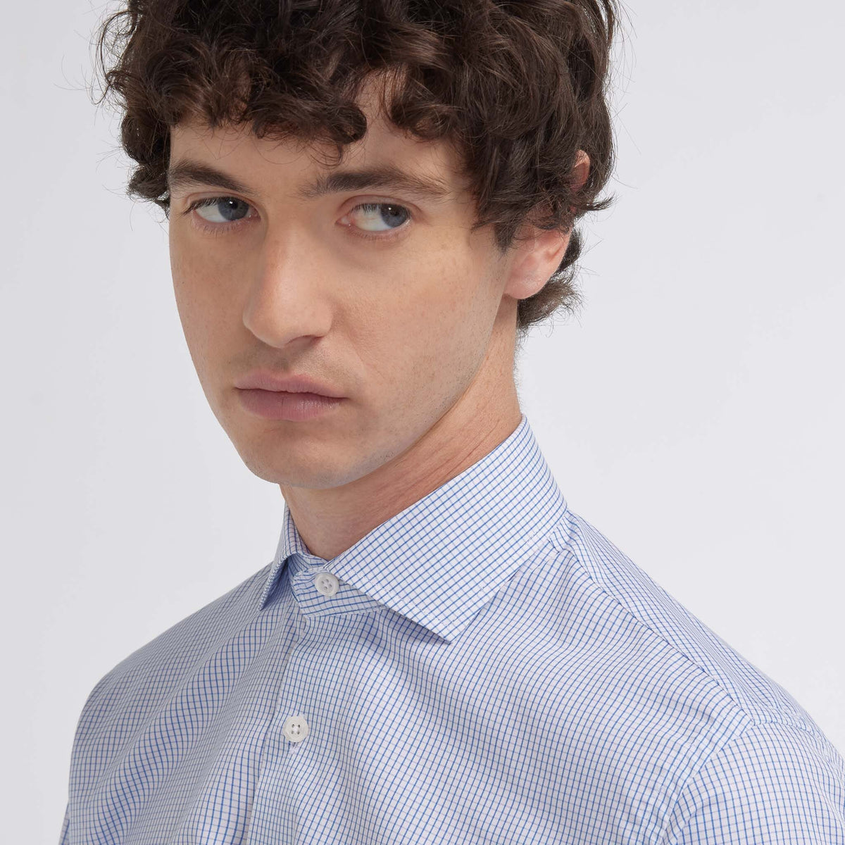 Chemise cintrée popeline double retors carreaux bleu foncé