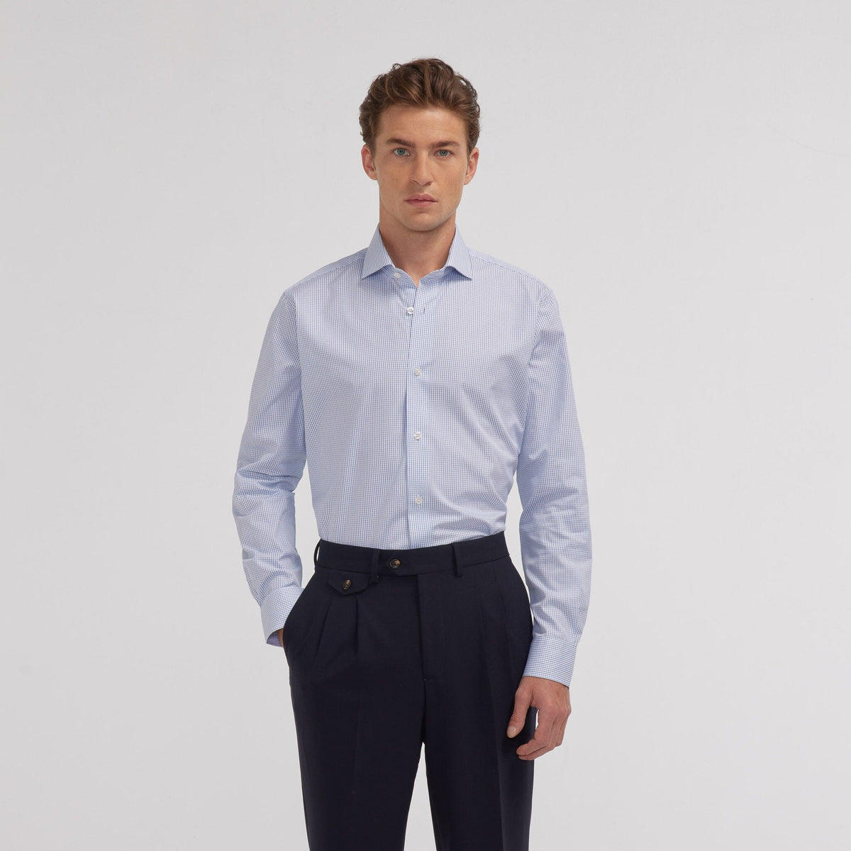 Chemise popeline double retors carreaux bleu foncé