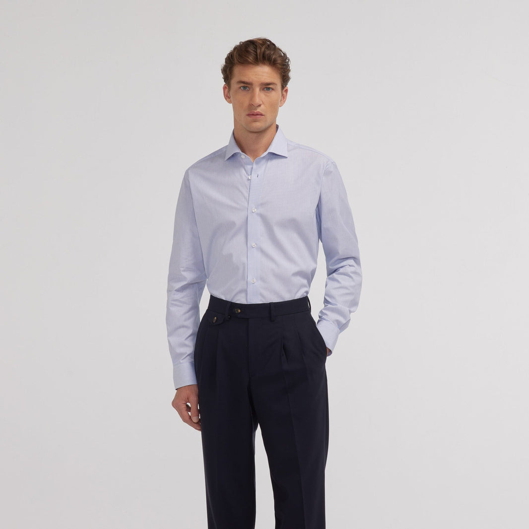 Chemise en popeline double retors faux-uni à fines rayures bleues