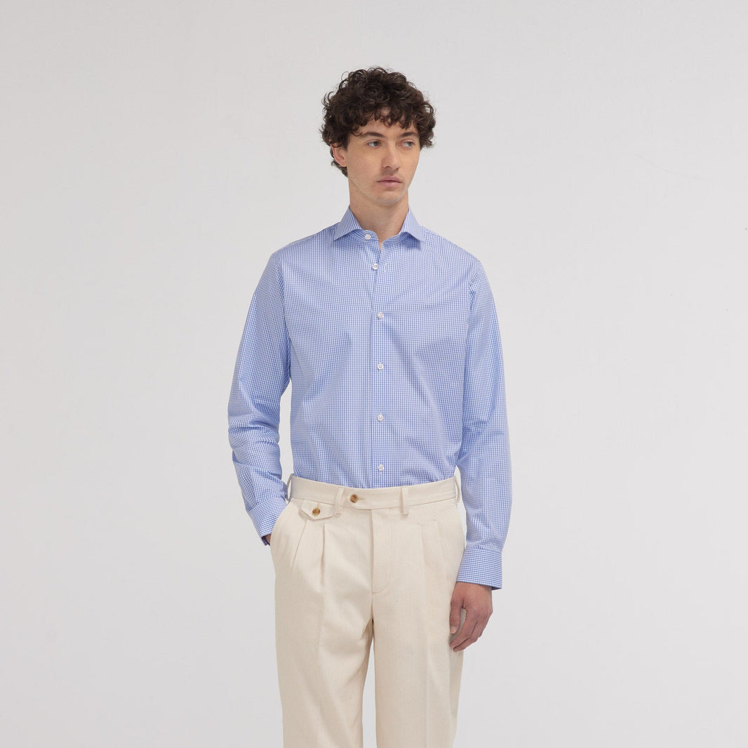 Chemise cintrée popeline double retors vichy bleue