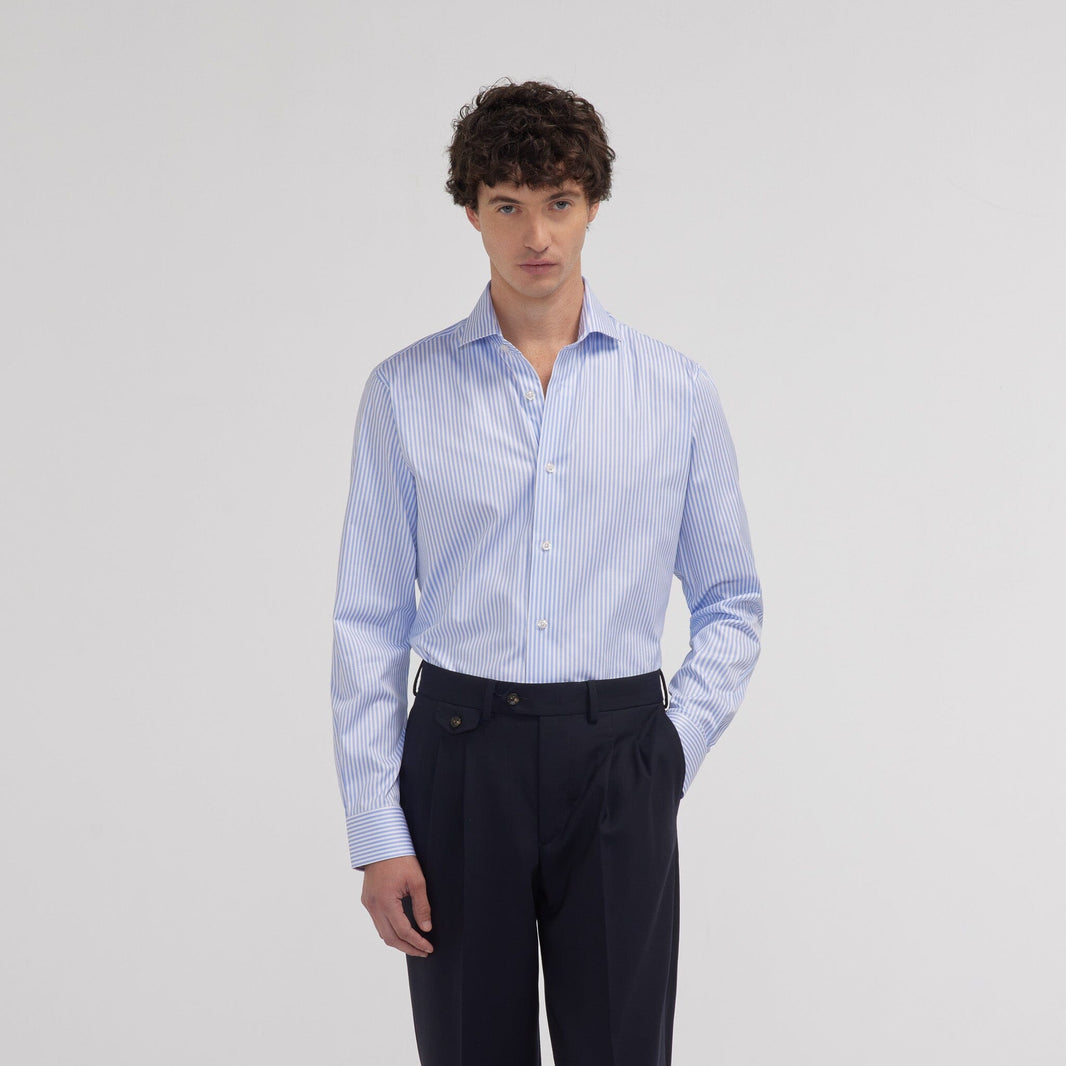 Chemise cintrée en twill double retors à rayures bleues
