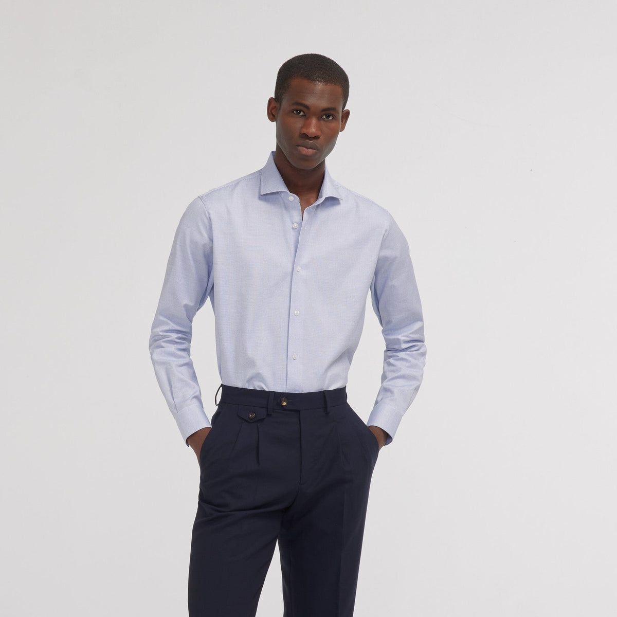Chemise cintrée en royal oxford double retors pied de puce bleue