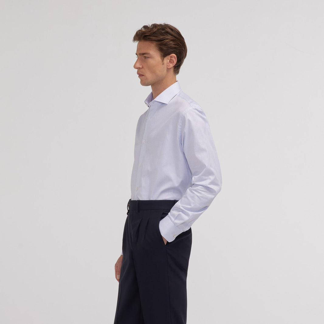 Chemise en twill double retors à fins carreaux bleus