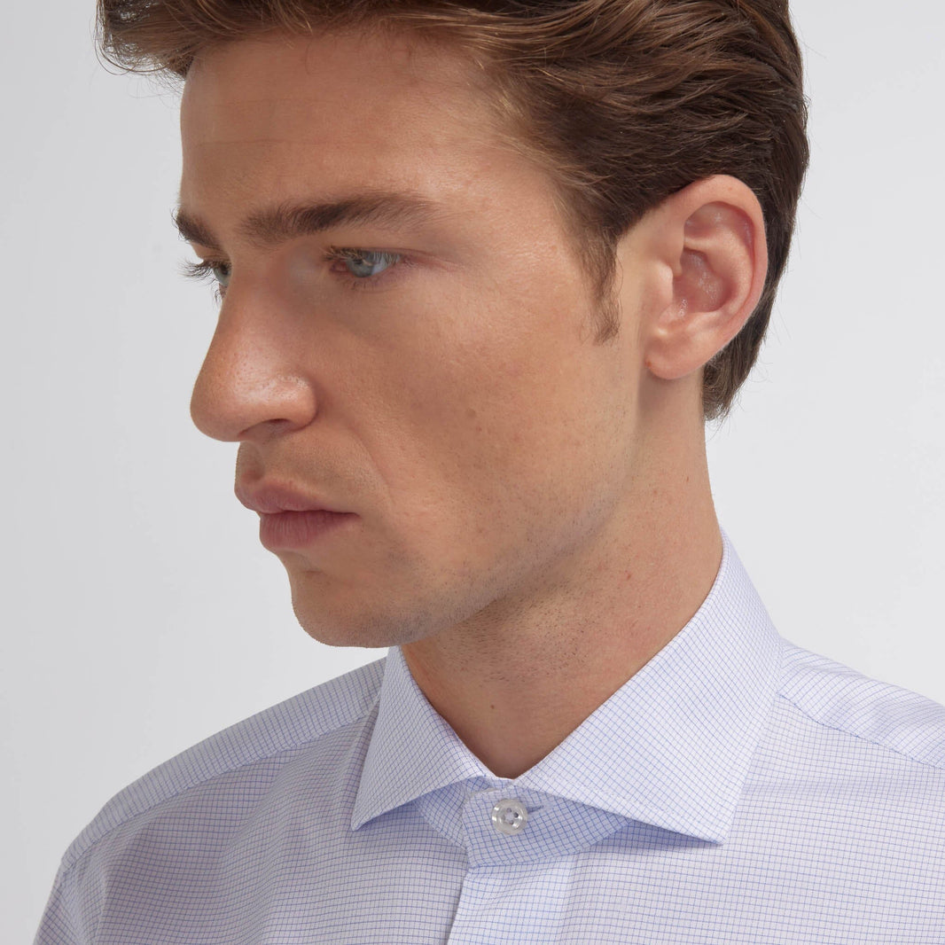 Chemise en twill double retors à fins carreaux bleus