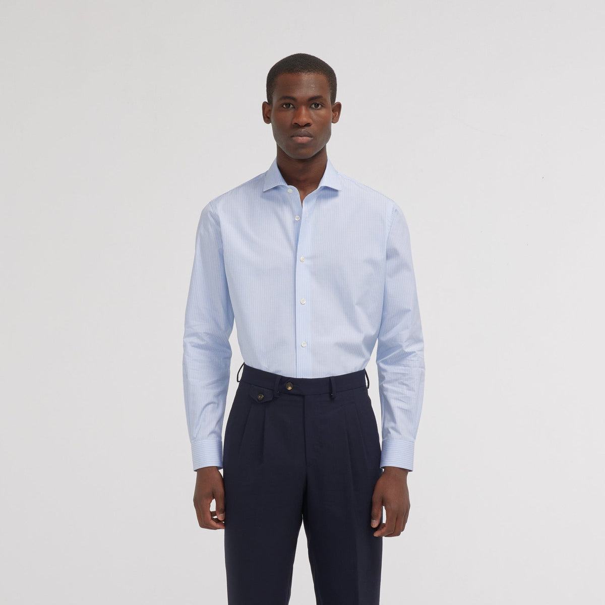 Chemise premium cintrée en popeline double retors bleue à rayures blanches