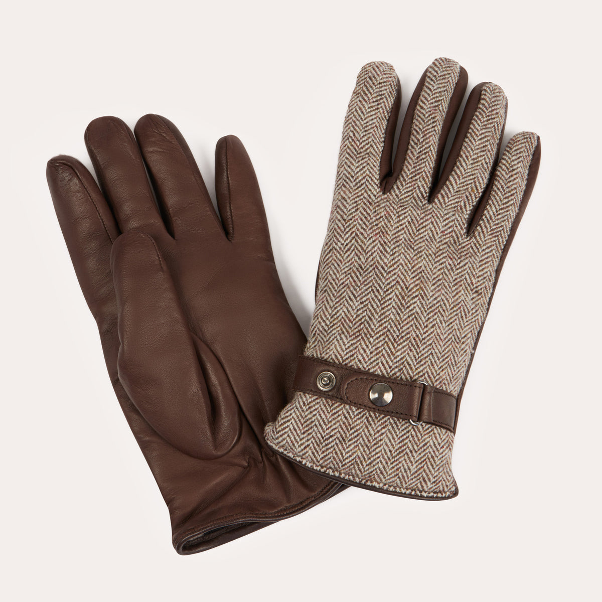 Handschuhe aus Leder und Wolle mit Fischgratmuster in Braun