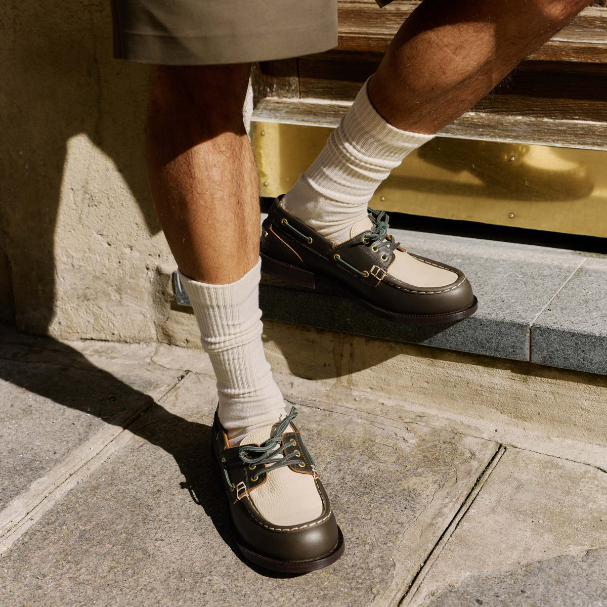 Two-tone khaki and cream leather boat shoe