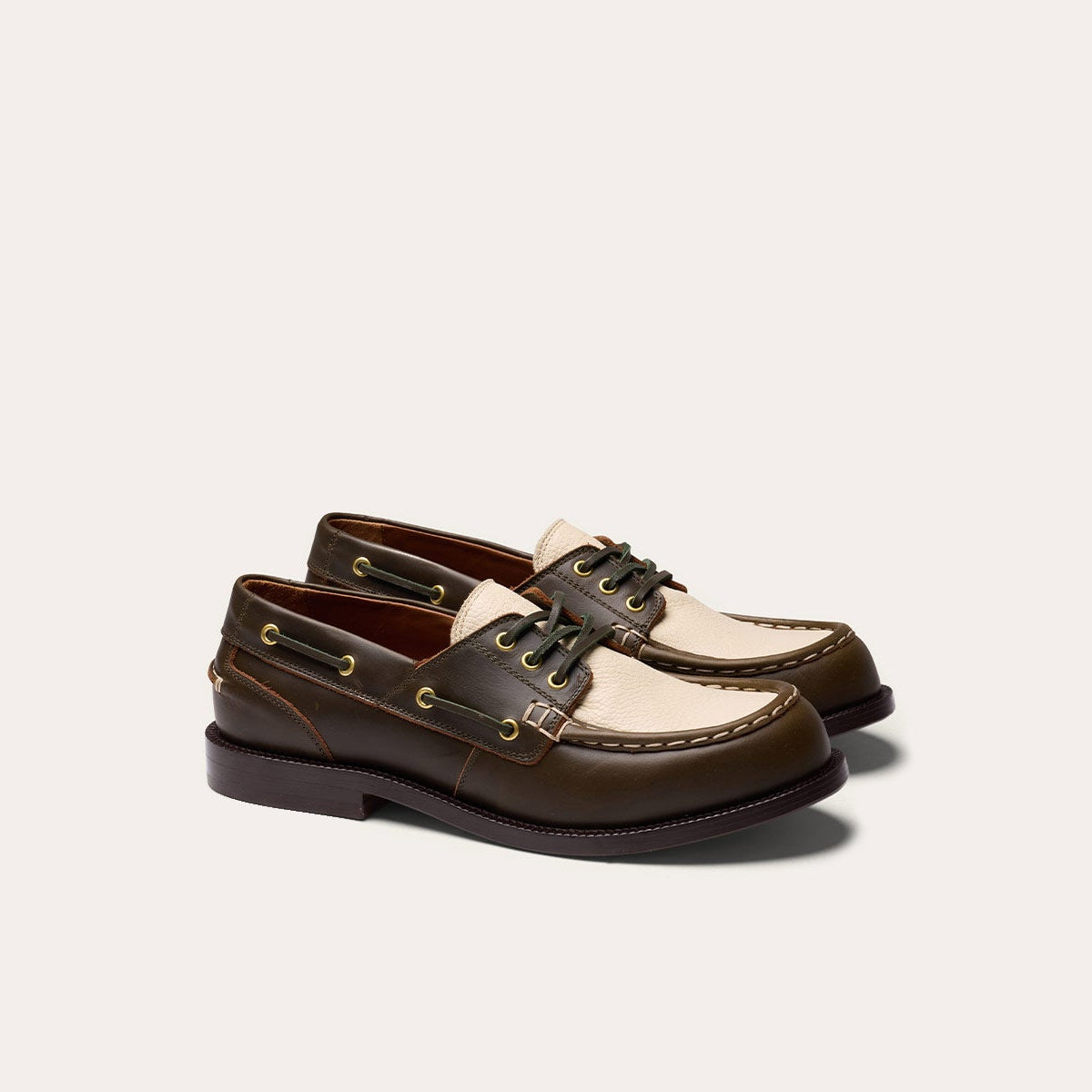 Two-tone khaki and cream leather boat shoe