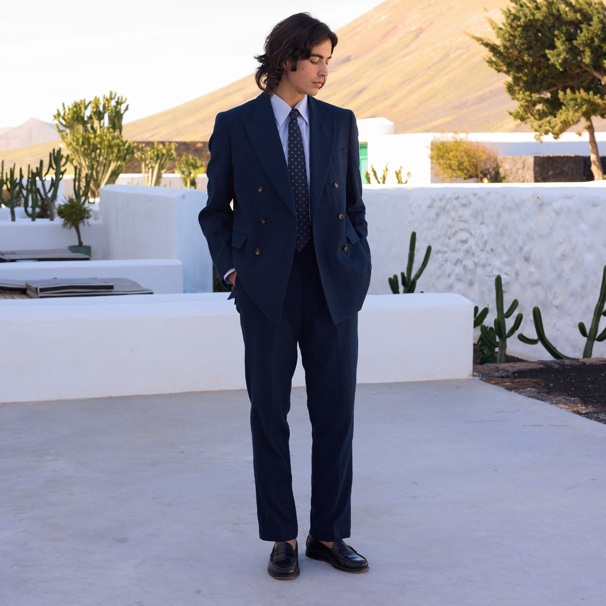 Pantalon à pinces en coton marine
