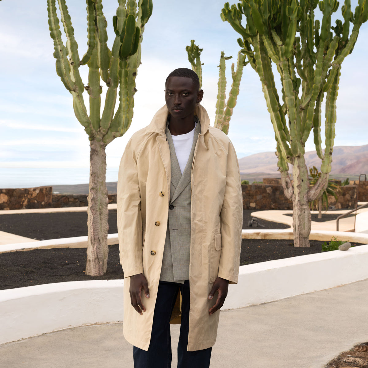 Beige waxed cotton waterproof coat