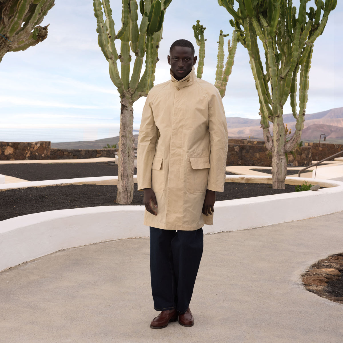 Beige waxed cotton waterproof coat