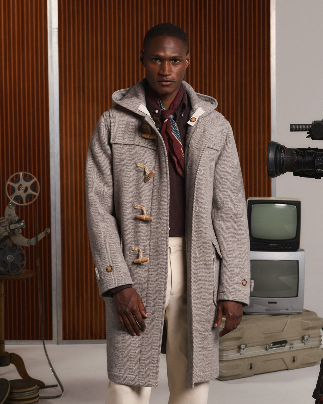 Duffle-coat en laine à chevrons écru et beige