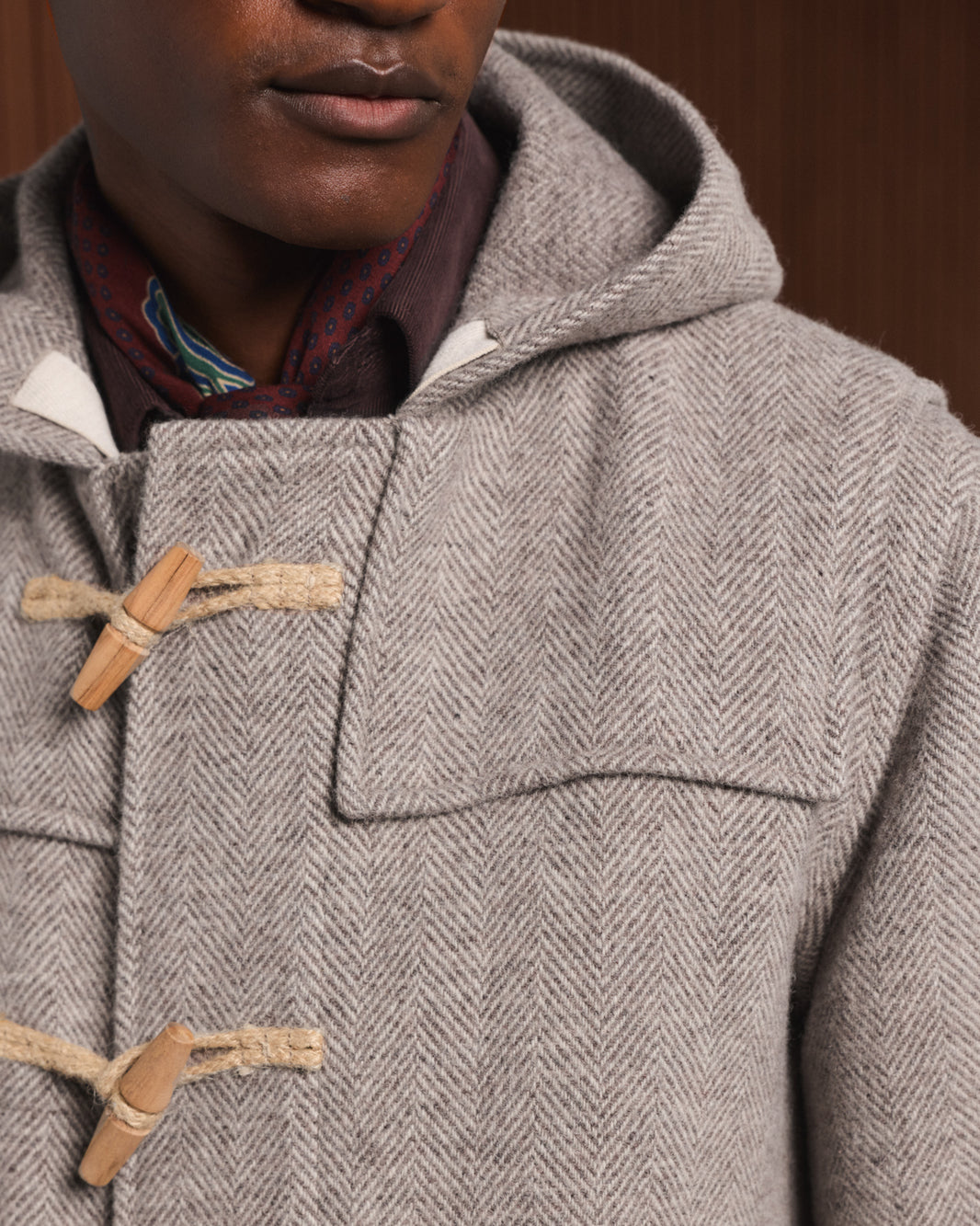 Duffle-coat en laine à chevrons écru et beige