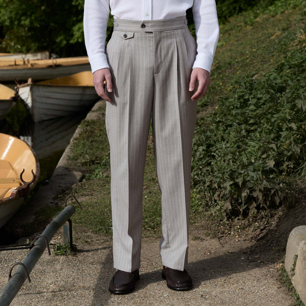 Striped pearl grey wool fresco pleated trousers