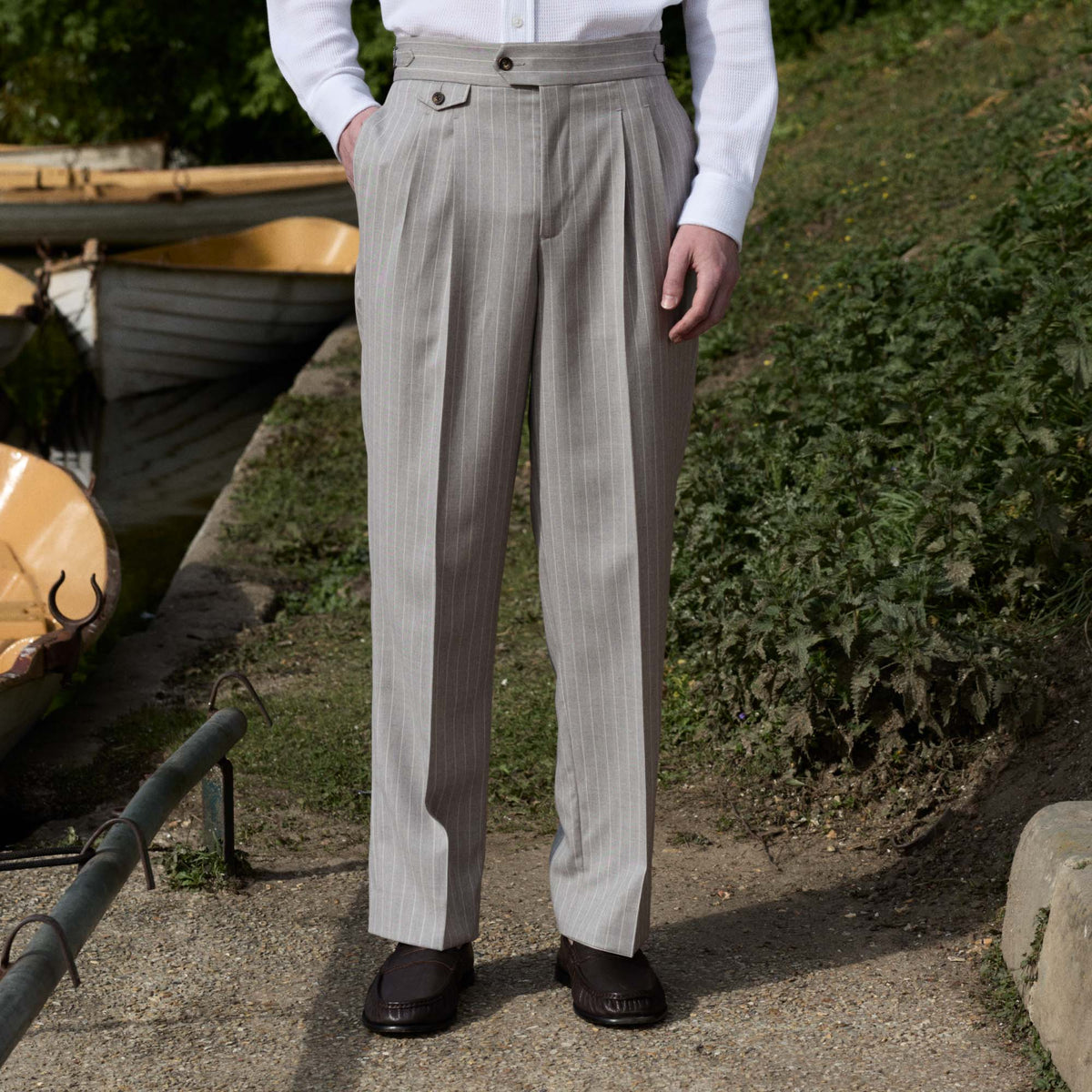 Striped pearl grey wool fresco pleated trousers