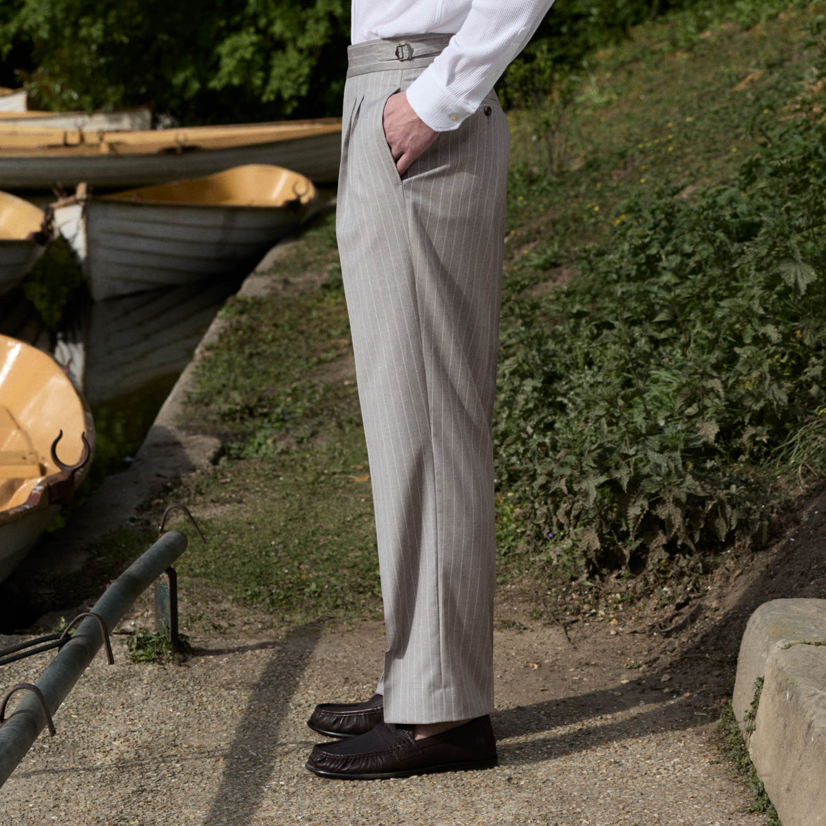 Striped pearl grey wool fresco pleated trousers