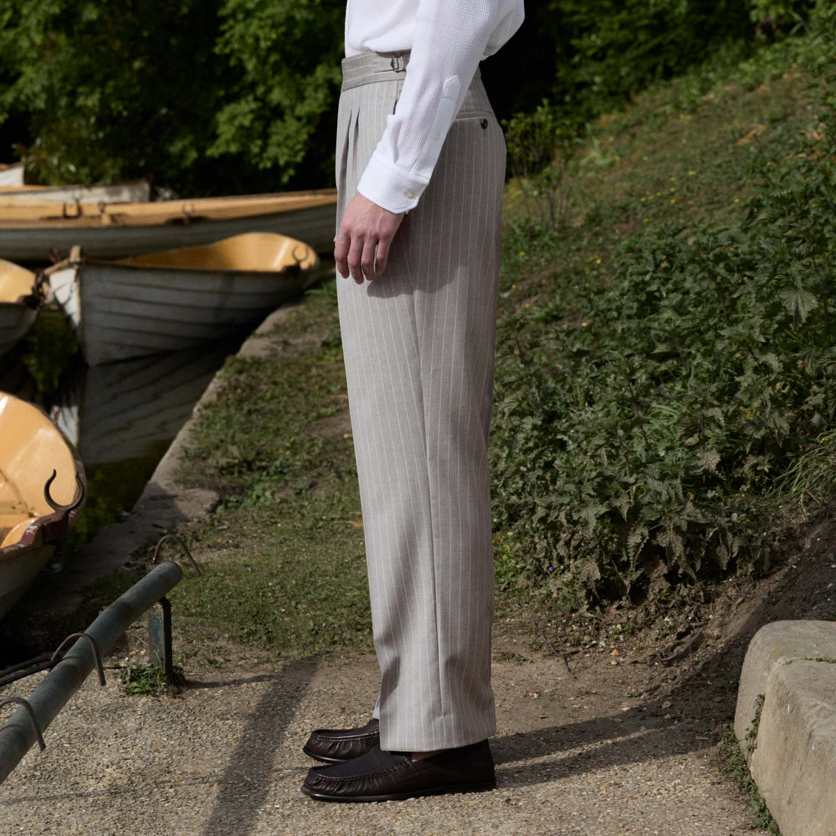 Striped pearl grey wool fresco pleated trousers