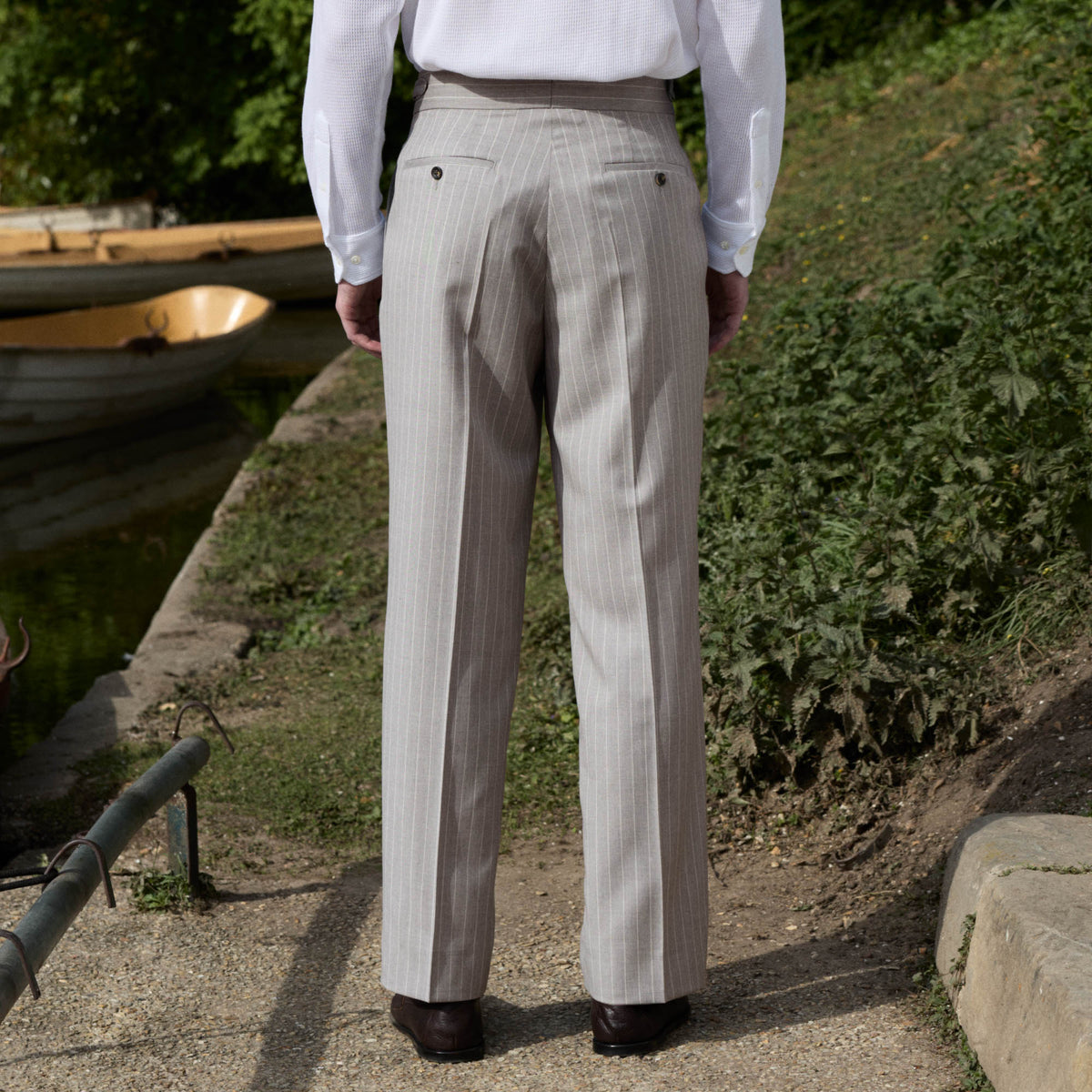 Striped pearl grey wool fresco pleated trousers