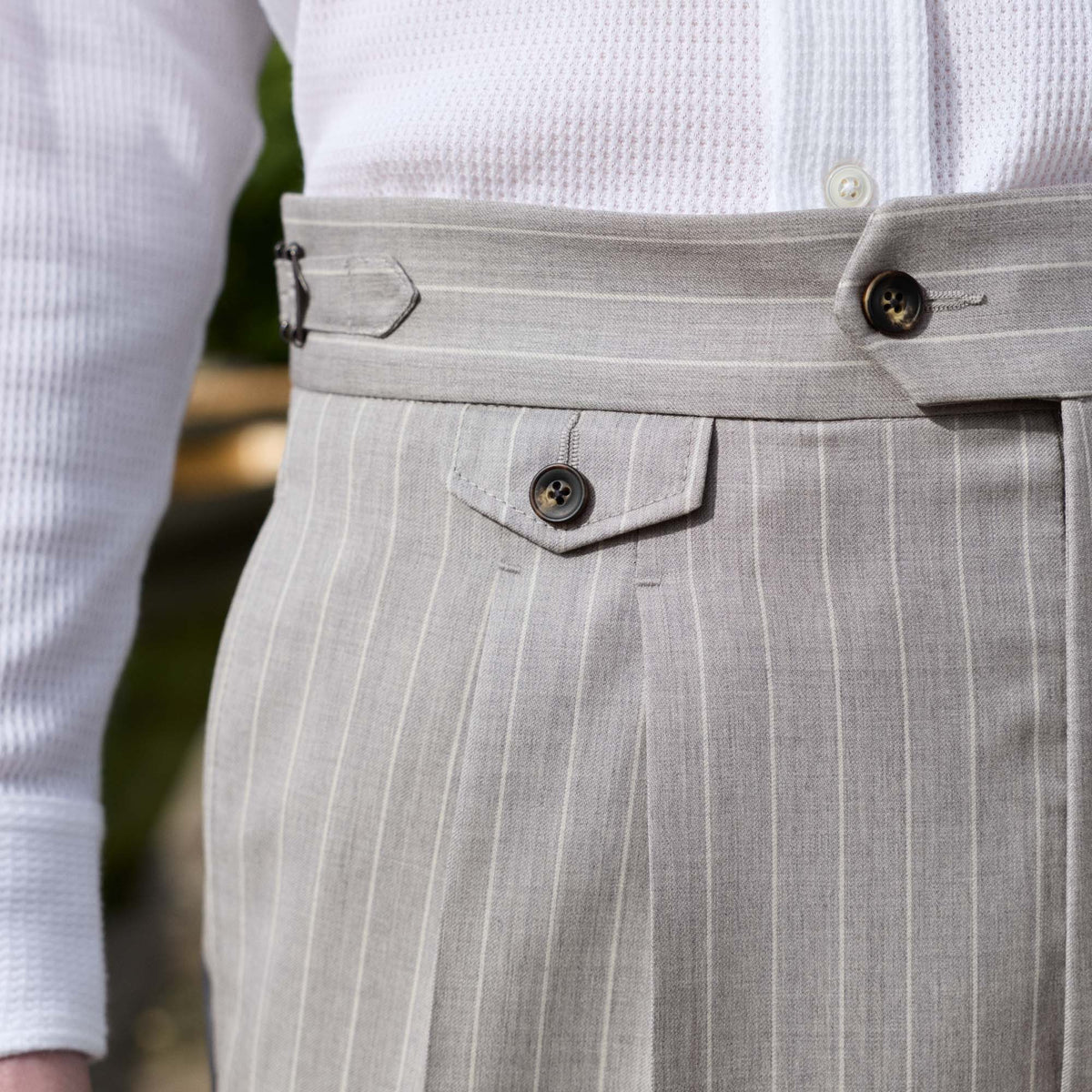 Striped pearl grey wool fresco pleated trousers