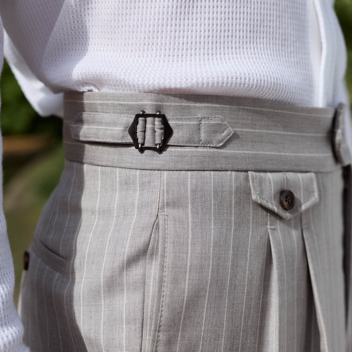 Striped pearl grey wool fresco pleated trousers