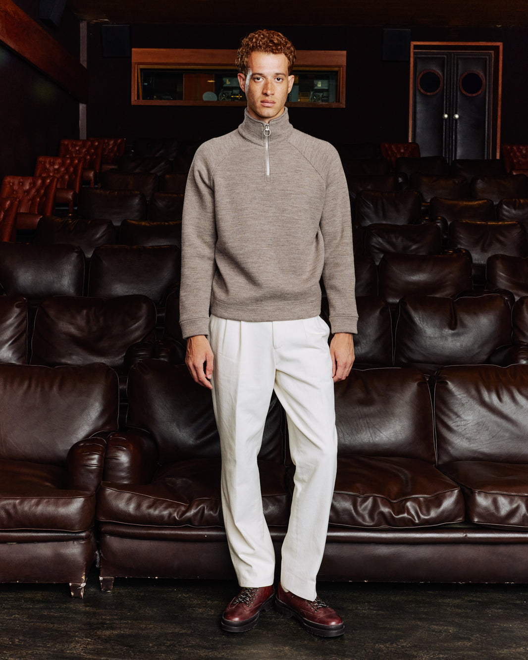Sweat à col zippé en laine point milano marron