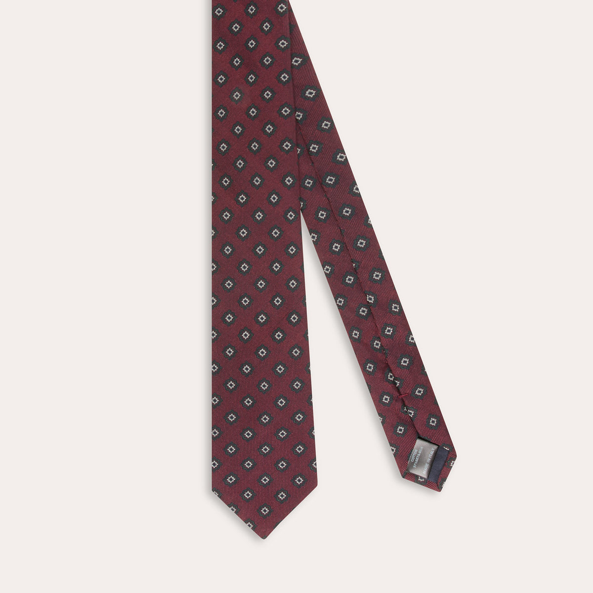 Patterned burgundy and green cotton silk tie