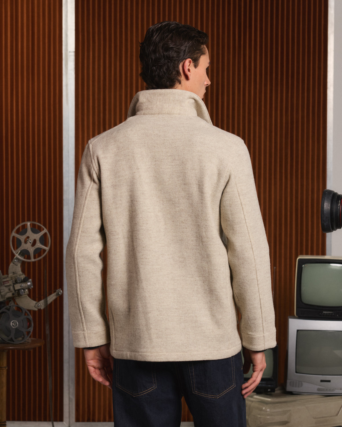 Veste de travail en laine écru chinée