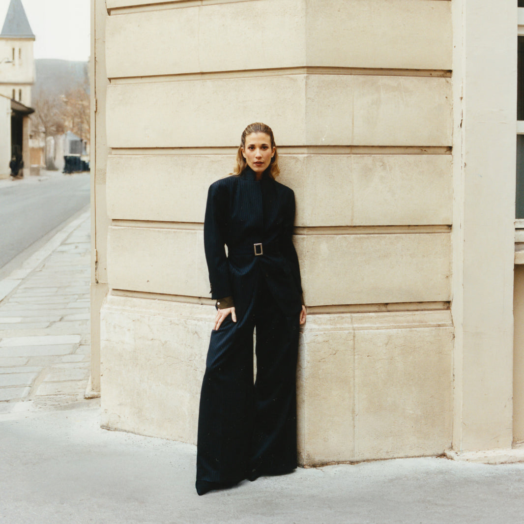 Navy striped wool pleated Gurkha trousers