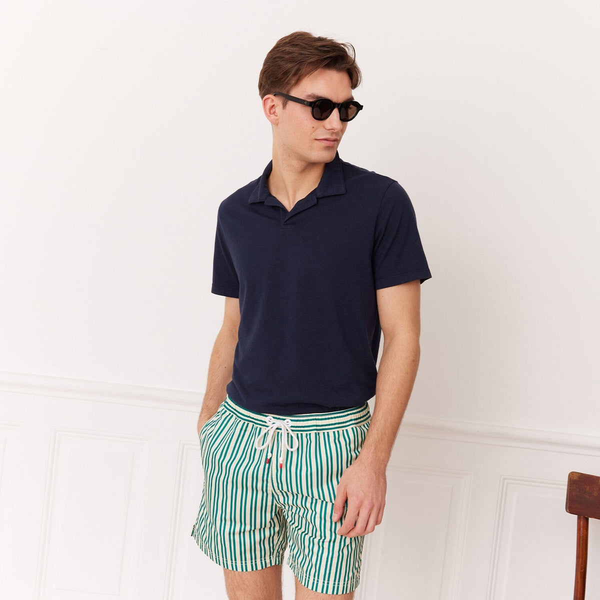 Badehose mit Streifen in Ecru und Grün